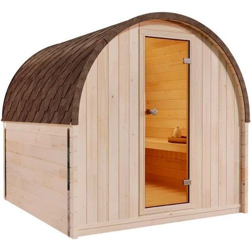 FinnTherm Fasssauna ScandiPod Comfort Fasssauna 2 Sitzbänke aus Holz, Sauna mit 42 mm Wandstärke, Außensauna mit Montagematerial