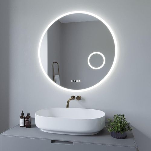 Wandspiegel Badspiegel mit Beleuchtung rund Lichtspiegel Bad badezimmerspiegel 80x80 cm 3-fach-Vergrößerung Kaltweiß dimmbar Digitaluhr beschlagfrei