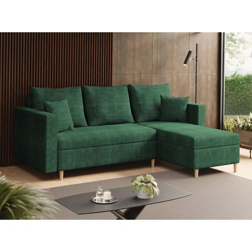 SALES LEADER Ecksofa BERLIN 230x145 cm mit schlaffunktion, mit Bettkasten, universelle Seite, Moderner Stoff POSO 14, Dunkelgrün