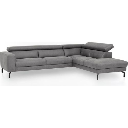 Ecksofa mit verstellbaren Kopfteilen, Vintageoptik grau, 2,5-Sitzer mit Récamiere rechts, CASSINO-155