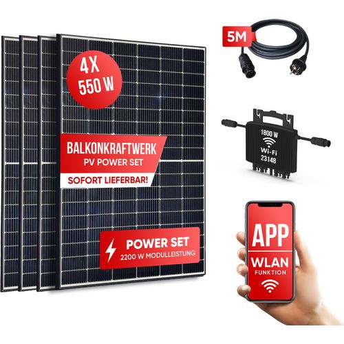 Solaranlage Balkon oder Dach XXL Power 2200 W (4x550W) Module + Wechselrichter 1800 W drosselbar. Balkonsolar kleine PV Anlage