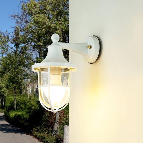 Außenwandleuchte Weiß H: 27 cm HausGarten Glas Echt-Messing IP64 Maritim E27 Wandlampe Außenleuchte