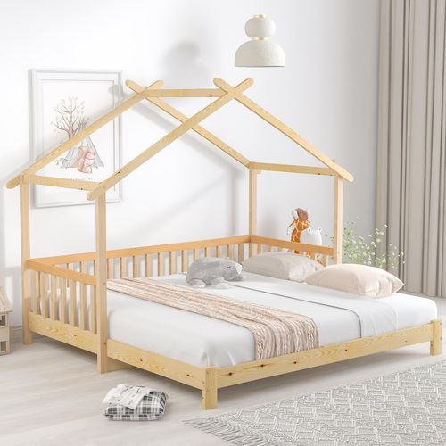 okwish Kinderbett 90 x 200 cm, Holzbett für Kinderzimmer, erweiterbares Baumhausbett, Hausbett, Kinderbett, Chaiselongue, Einzelbett, Doppelbett, reines Massivholz