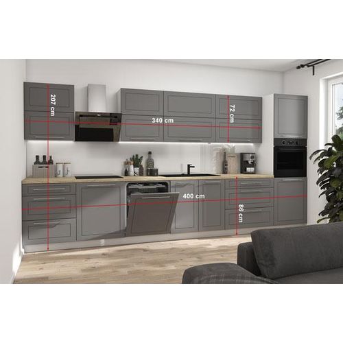 Küchenzeile KVANTUM Arbeitsplatte 400cm Hochfaltklappe weiß MDF dust grey matt REJS Vollauszug