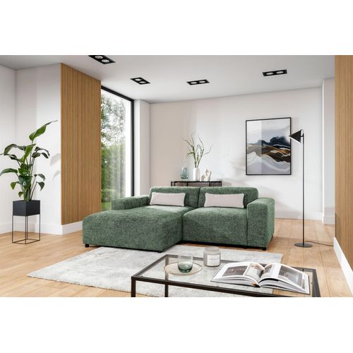 Ecksofa Designersofa ROMY XS in Stoff Enjoy Me Olivgrün Ottomane Links