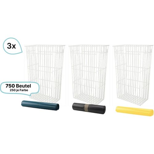 SET Mülltrennsystem 3 x Gitterkorb 60 Liter zum Hängen und Stellen + ins. 750 Müllsäcke in grau, blau & gelb