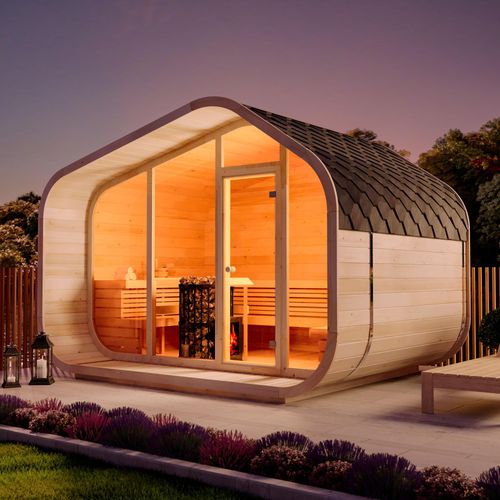 FinnTherm Fasssauna ScandiCube Wave Premium, Outdoor Sauna mit Glasfront, Außensauna - Naturbelassen, Ohne Zwischenwand