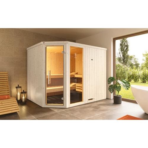 Elementsauna Weka Varberg 4 ohne Ofen mit Fenster und graphitfarbeneer Ganzglastüre