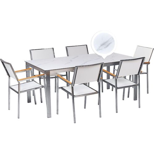 BELIANI Gartenmöbel Set 7-Teilig Weiß Marmor Optik Edelstahl 6 Stühle Polyester Tisch 180x90cm Sicherheitsglas Keramik Gartenausstattung Outdoor Indoor