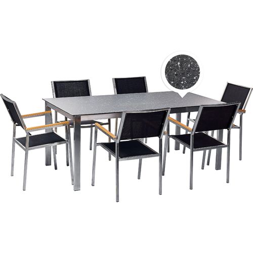 BELIANI Gartenmöbel Set 7-Teilig Schwarz Edelstahl 6 Stühle Polyester Tisch 180x90 cm Sicherheitsglas Keramik Gartenausstattung Terrasse Outdoor Indoor