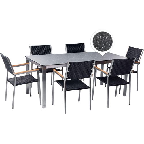 BELIANI Gartenmöbel Set 7-Teilig Schwarz Edelstahl 6 Stühle Rattan Tisch 180x90cm Sicherheitsglas Keramik Gartenausstattung Terrasse Outdoor Indoor