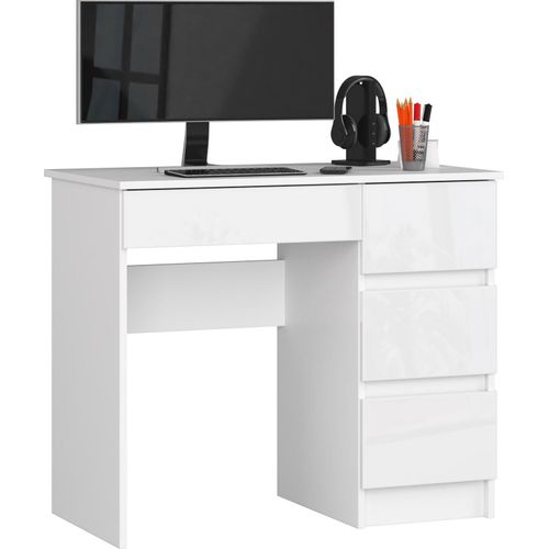 Computertisch, Bürotisch, 4 Schubladen mit ausziehbarer Tastaturablage, 90 x 50 x 77 cm, 16 mm stark, abriebfeste Laminatplatte mit ABS-Kante, weiß hochglanz
