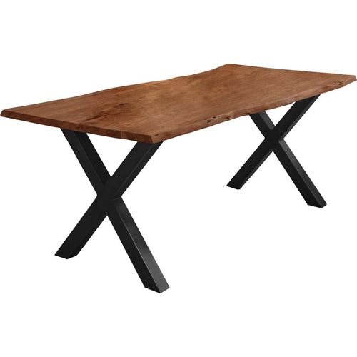 Esstisch Baumkante Akazie nussbaumfarben 260 x 100 cm X-Gestell schwarz FREDERIK
