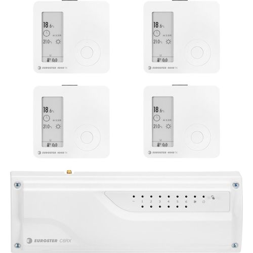 EUROSTER Funk Fußbodenheizung Steuerung für 4 Räume. Inhalt: Controller für 230 V Stellantriebe (NC) und 4 batteriebetriebene Wandthermostate – Weiß