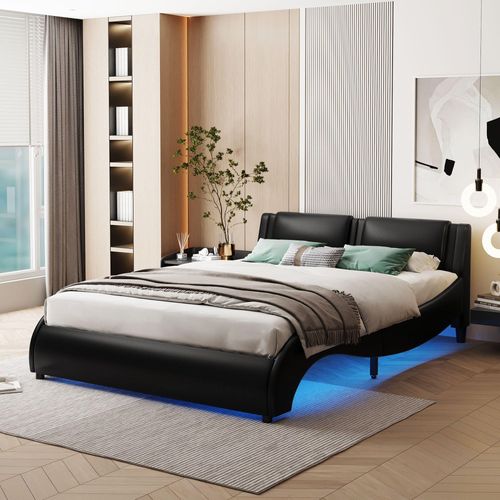 Schwarz 140x200cm Polsterbett (Ohne Matratze) Kunstlederbett mit LED-Lichtbettgestell mit Lattenrosten