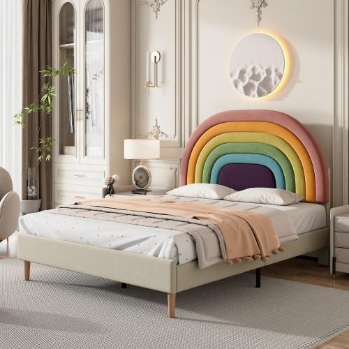 Beige 140x200cm Kinderbett (Ohne Matratze) Samt Polsterbett mit Lattenrost und Kopfteil,Jugendbett Holzlattenunterstützung höhenverstellbares Kopfteil