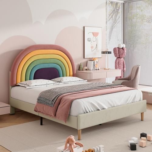 Kinderbett Beige 140x200cm (Ohne Matratze) Samt Polsterbett mit Lattenrost und Kopfteil,Jugendbett Holzlattenunterstützung höhenverstellbares Kopfteil