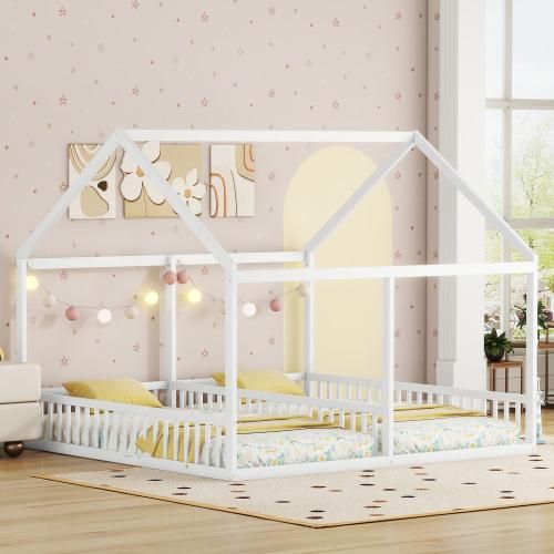 Kinderbett Weiß 90x200cm (Ohne Matratze) Einzelbetten, flache Betten, Hausmodelle, 2-in-1-Betten Hausbett Holzbett Jugendbett
