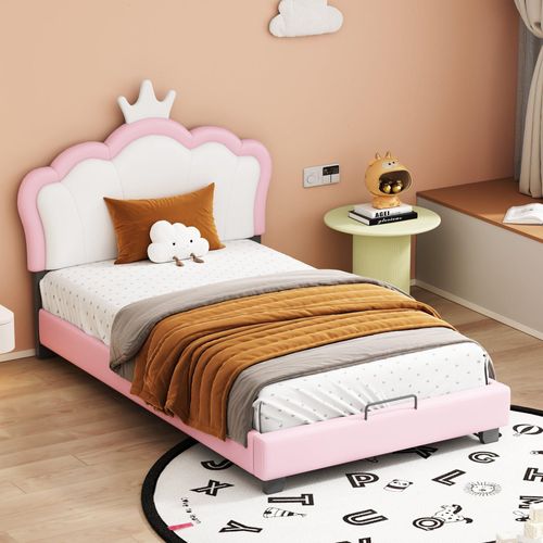 Kinderbett Rosa 90x200cm (Ohne Matratze) Polsterbett mit Lattenrosten und Rückenlehne, Mädchenbett mit Kronenformung