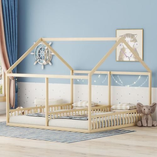 Kinderbett Natürlich 90x200cm (Ohne Matratze) Einzelbetten, flache Betten, Hausmodelle, 2-in-1-Betten Hausbett Holzbett Jugendbett