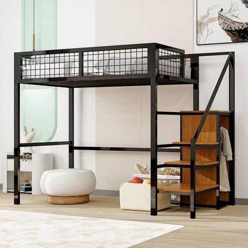 Odikalo Kinderbett Hochbett Eisenrahmen Lagerregal Kleiderschrank 90x200cm Schwarz