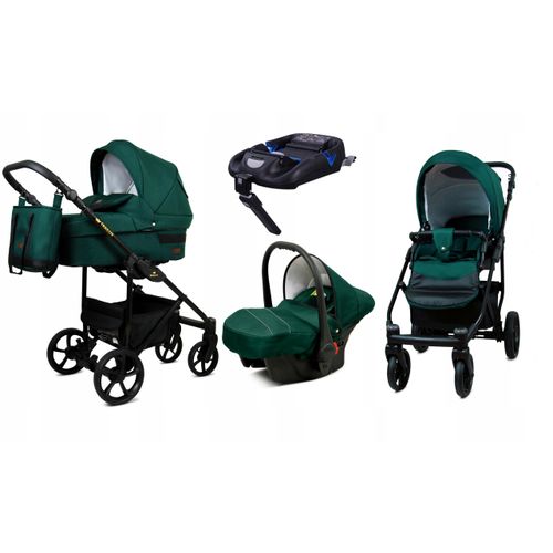 BabyLux® TRAILUX | 4in1 Kinderwagen Bambimo | Bottle Green | Kombikinderwagen | Kinderwagenset | Isofix-Basisstation + Buggy + Babywanne + Autositz / Auto-Babyschale
