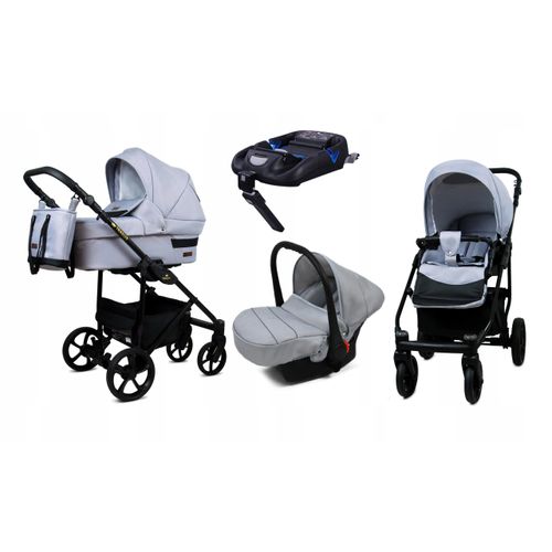 BabyLux® TRAILUX | 4in1 Kinderwagen Bambimo | Silver | Kombikinderwagen | Kinderwagenset | Isofix-Basisstation + Buggy + Babywanne + Autositz / Auto-Babyschale