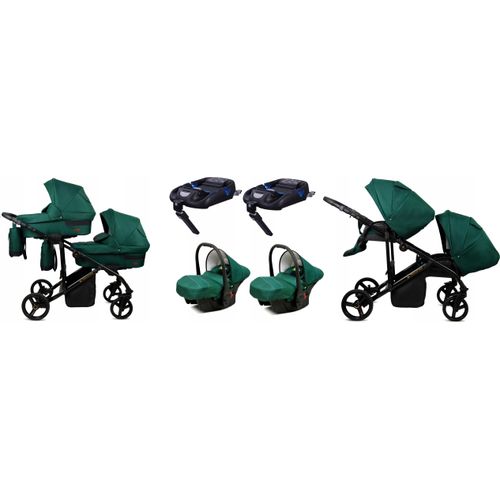 BabyLux® DUO | 4in1 Kinderwagen Bambimo | Bottle Green | Geschwisterwagen Zwillingskinderwagen | Kinderwagenset | Isofix-Basisstation + Buggy + Babywanne + Autositz / Auto-Babyschale