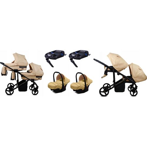 BabyLux® DUO | 4in1 Kinderwagen Bambimo | Beige | Geschwisterwagen Zwillingskinderwagen | Kinderwagenset | Isofix-Basisstation + Buggy + Babywanne + Autositz / Auto-Babyschale