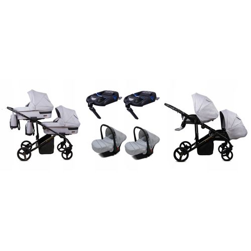 BabyLux® DUO | 4in1 Kinderwagen Bambimo | Silver | Geschwisterwagen Zwillingskinderwagen | Kinderwagenset | Isofix-Basisstation + Buggy + Babywanne + Autositz / Auto-Babyschale