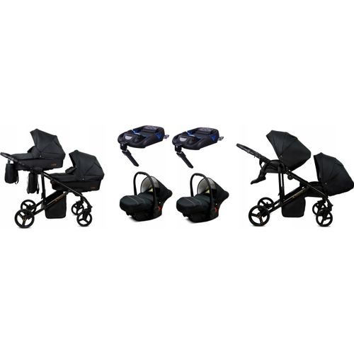 BabyLux® DUO | 4in1 Kinderwagen Bambimo | Onyx | Geschwisterwagen Zwillingskinderwagen | Kinderwagenset | Isofix-Basisstation + Buggy + Babywanne + Autositz / Auto-Babyschale