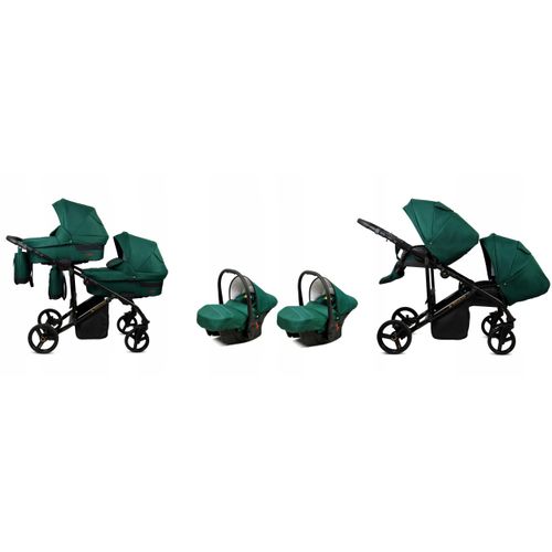 BabyLux® DUO | 3in1 Kinderwagen Bambimo | Bottle Green | Geschwisterwagen Zwillingskinderwagen | Kinderwagenset | Buggy + Babywanne + Autositz / Auto-Babyschale