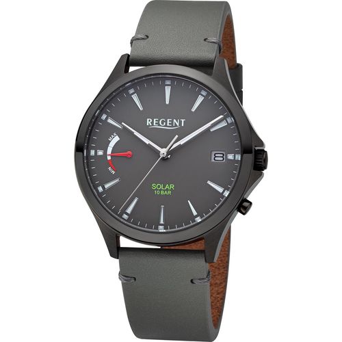 Regent Uhr Solar Herren F-1551 Leder, Edelstahl, Grau, Schwarz