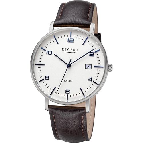 Regent Herren Uhr F-1516 Stahl, Leder, braun, blau, silberfarben