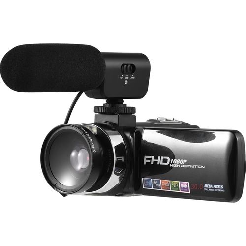 FHD 1080P Digital-Videokamera, Camcorder, DV-Recorder, 30 MP, 18-facher Digitalzoom, 3,0-Zoll-Bildschirm, unterstuetzt Autofokus, Gesichtserkennung, Verwacklungsschutz, mit 2 Batterien + Fernbedienung + Kamerahalter + externes Mikrofon + 0,45-faches Weitwinkelobjektiv fuer YouTube-Vlogging