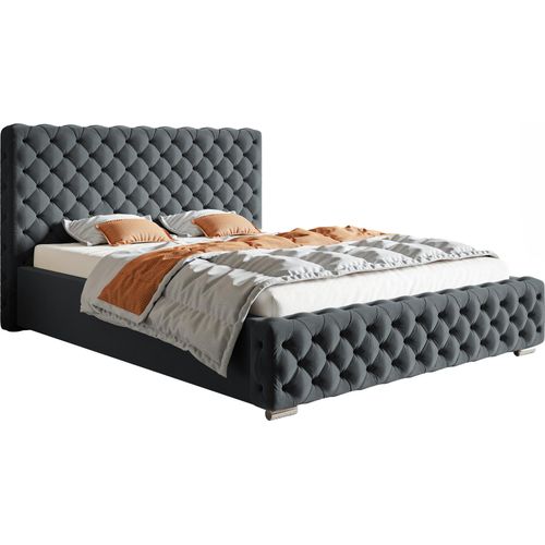 Schlafzimmerbett 160x200 Adora - Hersteller Polsterbett mit Lattenrost, Bettkasten & Samtstoff (Dunkelgrau - Jasmine 96)