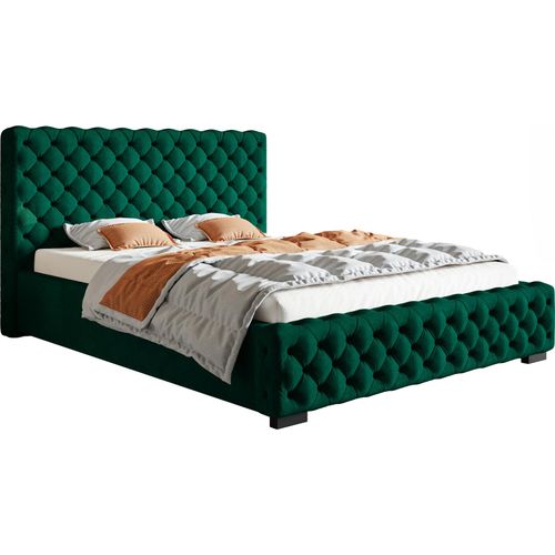 Schlafzimmerbett 160x200 Adora - Hersteller Polsterbett mit Lattenrost, Bettkasten & Samtstoff (Grün - Kronos 19)