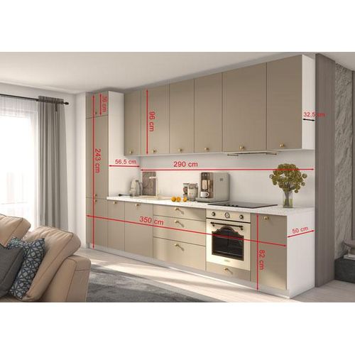 Küchenzeile BONN Einbauküche 350cm weiß Front MDF stone grey matt Teilauszug