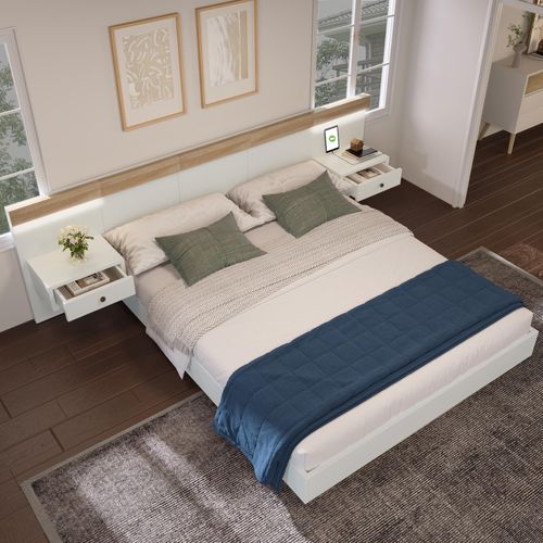 okwish Polsterbett 160 x 200 cm, Doppelbett mit 2 LED-Nachttischen und USB-C-Buchse Bettsystem inkl. 2 Nachttische, Sonoma-Eiche/Weiß (Matratze nicht im Lieferumfang enthalten)