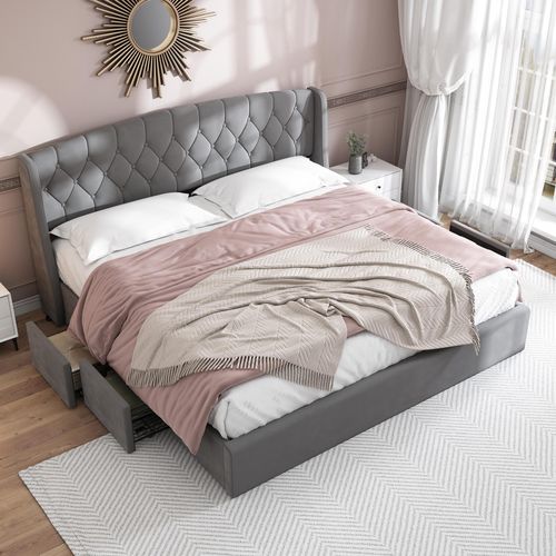 STILVORA Doppelbett 180x200cm Polsterbett mit Lattenrost,Jugendbett mit 4 aus Drahtgeflecht gewebte Rollenschubladen,Grau(mit Matratze)