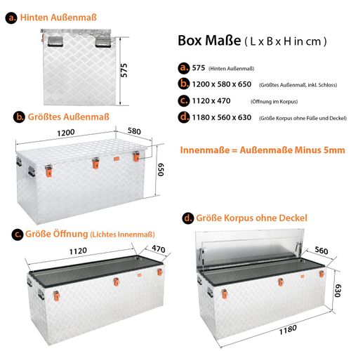 Alubox Pritschenbox Riffelblech silber - 410 Liter - Aufbau Werkzeugkiste - Pickup Werkzeugkiste - Pritschenwagen Box - 410 Liter