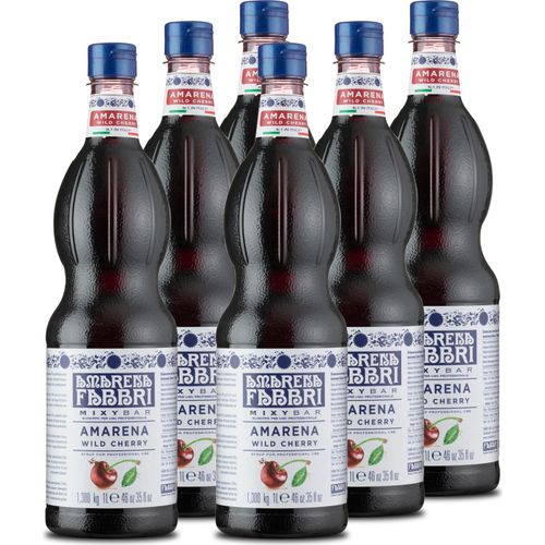 Food-United MIXYBAR-AMARENA-FABBRI Sirup 6x1L PET-Flasche - Amarenakirschen Italien - ohne Aroma- Farb- & Konservierungsmittel & Halal, geeignet für Amarena-Kirschen-Cocktail-Drinks oder für die Barista Hotels Cocktail-Bars Eiscafe, GVO-Frei Glutenfrei