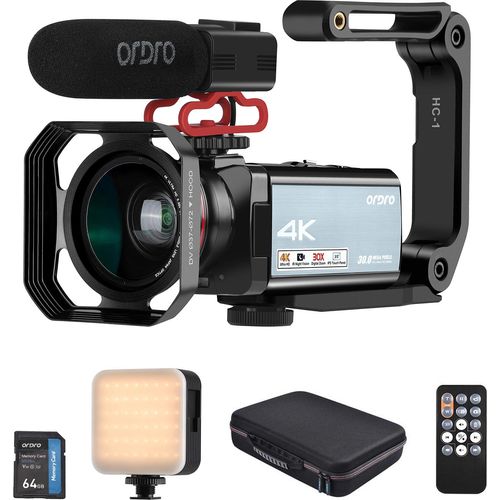 ORDRO HDR-AX10 4K Digitale Videokamera WiFi Camcorder DV-Recorder 3,5 Zoll IPS Touch Panel 30MP 30X Digitalzoom Gesichtserkennung IR Nachtsicht Anti-Shake mit Fernbedienung + Akku + Ladegeraet + 0,39X Weitwinkelobjektiv + Gegenlichtblende + externes Mikrofon + U-foermiger Kamerahalter + 64-GB-Speicherkarte + Mini-LED-Fuelllicht + grosser Aufbewahrungskoffer