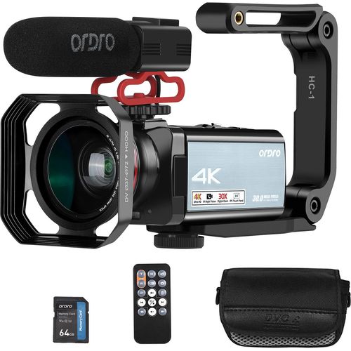 ORDRO HDR-AX10 4K Digitale Videokamera WiFi Camcorder DV-Recorder 3,5 Zoll IPS Touch Panel 30MP 30X Digitalzoom Gesichtserkennung IR Nachtsicht Anti-Shake mit Fernbedienung + Tragetasche + Akku + Ladegeraet + 0,39X Weitwinkelobjektiv + Gegenlichtblende + Externes Mikrofon + U-foermiger Kamerahalter + 64 GB Speicherkarte