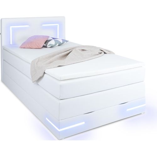 Lights 2.0 Boxspringbett 120x200 mit Bettkasten und LED Beleuchtung - gemütliches Bett mit Stauraumbett 120 x 200 cm weiß mit Matratze und Topper