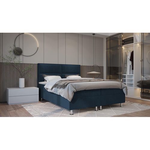 SALES LEADER Boxspringbett BOGOTA 160x200 cm Polsterbett mit zwei Bettkästen, Komplett-Set mit Matratze und Topper (4cm), Dunkelblau, Bett Stoff ELEMENT 13
