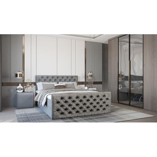 SALES LEADER Boxspringbett SOFIA 180x200 cm Polsterbett mit zwei Bettkästen, Komplett-Set mit Matratze und Topper (4cm), Glänzend Grau, Bett Stoff KEMER 806