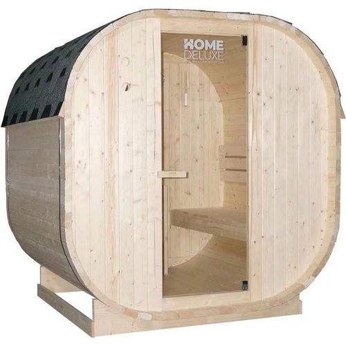 HOME DELUXE - Outdoor Sauna CUBE L - Maße: ca. 194 cm x 185 cm x 180 cm, Holz: Fichtenholz - inkl. Saunaofen und Saunazubehör I Gartensauna, Außensauna, Sauna Fass für 4 Personen