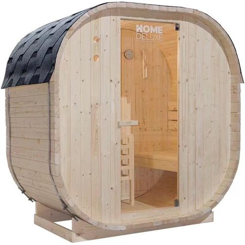 HOME DELUXE - Outdoor Sauna CUBE M - Maße: ca. 194 cm x 195 cm x 120 cm, Holz: Fichtenholz - inkl. Saunaofen und Saunazubehör I Gartensauna, Außensauna, Sauna Fass für 2 Personen