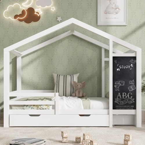 Kinderbett 90x200 cm Hausbett mit 2 Schubladen und Tafel Holzbett mit Zaun und Lattenrost Massivholz Rausfallschutz Weiß